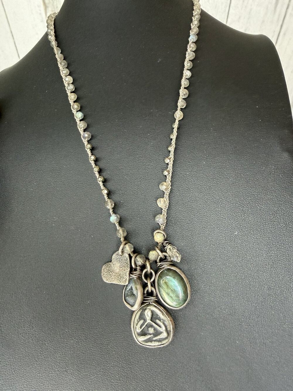 Boho 925 Sterling Silver & Multi Charm Beaded Art Necklace Hippie